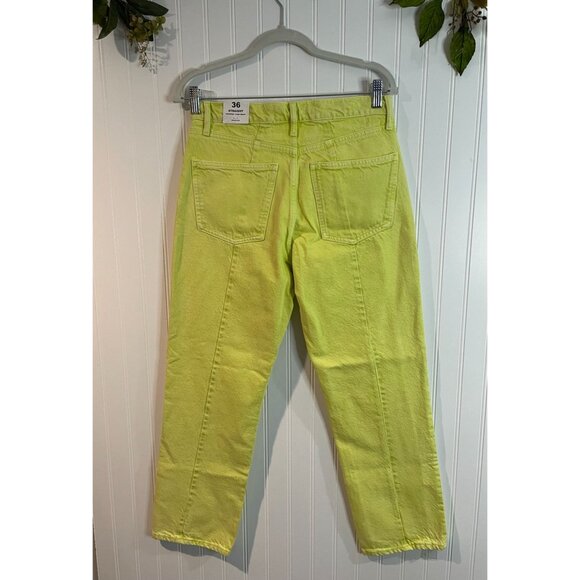 MNG Denim Straight Cropped High Waist Jeans Women Size 36 Bright Lime Green - Picture 2 of 16